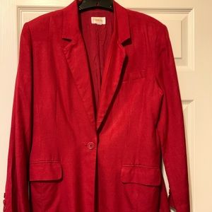 Women’s red linen suit jacket.